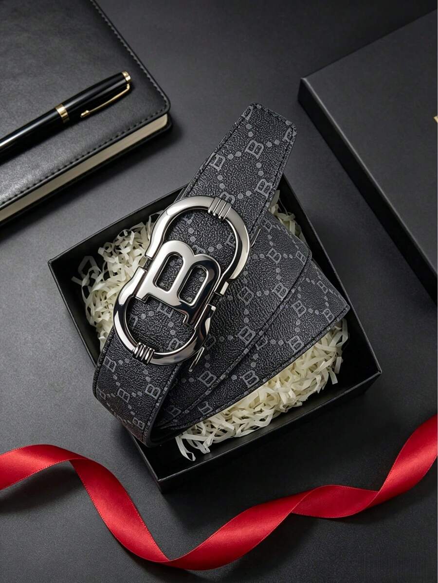 Men's Letter Alloy Automatic Buckle Belt With Premium PU Letter B Printed Strap, Multiple Colors Available, 120cm Length Freely Trimmable, Business Casual, Daily Wear, Best Gift Choice - Multicolor - View 1