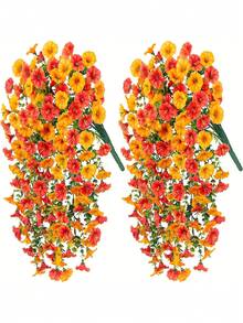 2 Bundles Artificial Flowers For Outdoors Fake Plants Outside Decoration, Orange Artificial Morning Glory, Realistic Orange-Yellow Flowers, UV Resistant Indoor/Outdoor Decoration, Outdoor Artificial Plants Outdoor Decoration Silk White Morning Glory - Multicolor - View 3