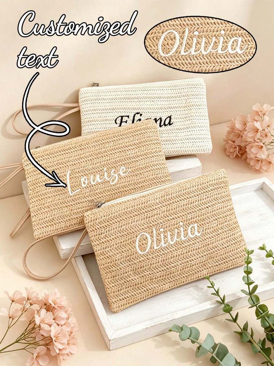可客製化刺繡文字草編手拿包,波希米亞風手工編織草編手拿包,夏季度假海灘手提包,送給新娘、伴娘、母親的個性化禮物 - 彩色 - 查看 1