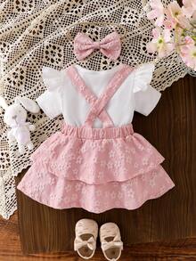 3pcs Baby Girl Sweet Princess Set: Solid Color Cap Sleeve T-Shirt, Jacquard Floral Pinafore Dress With Tiered Skirt, Headband With Bow - Pink - View 4