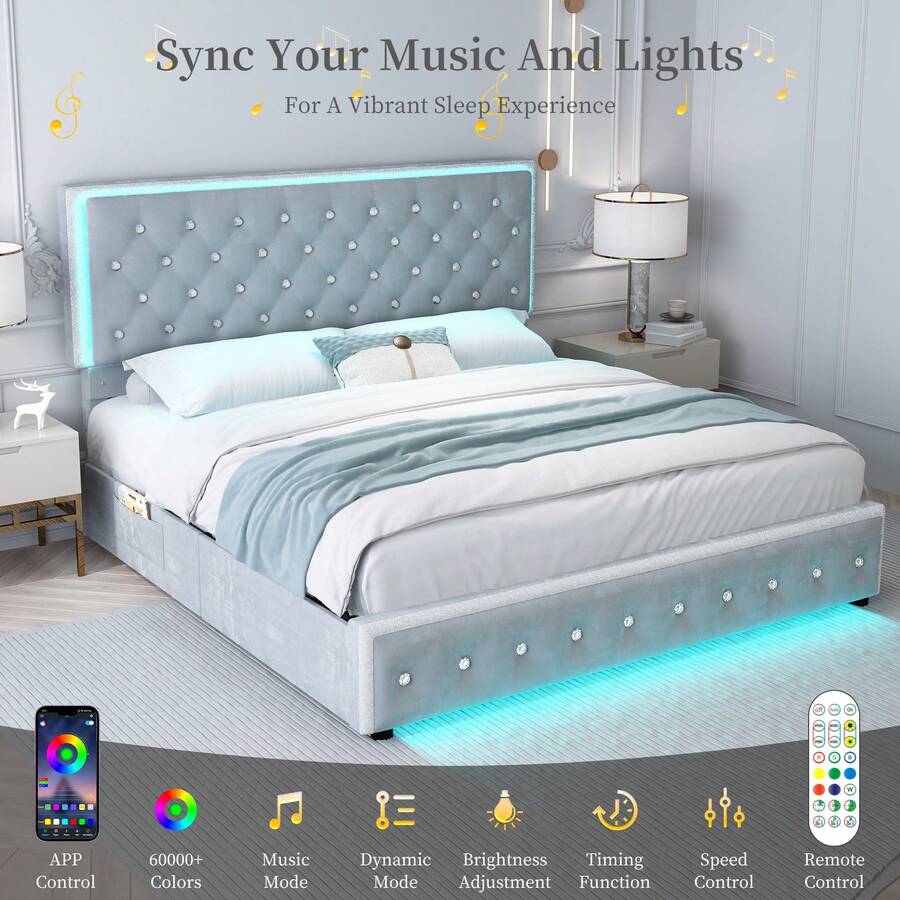 SIBEDS Marco de cama tapizado con LED RGB de tamaño queen con 2 cajones de almacenamiento y 2 bolsillos laterales, cama de plataforma de almacenamiento de tamaño king con cabecera capitoneada con botones de cristal y listones sólidos de soporte, sin ruido, sin necesidad de caja de resortes, fácil montaje, piel de poliuretano y terciopelo suave - Gris terciopelo - Ver 1