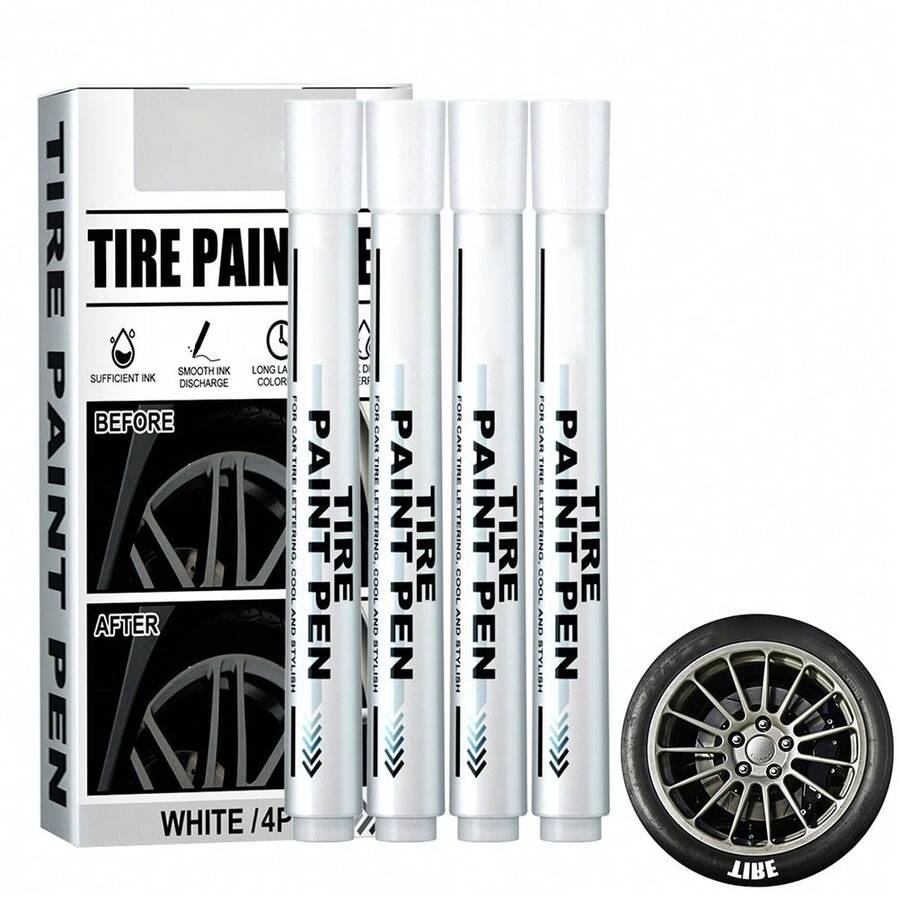 4 Pack White Tire Paint Marker, Waterproof Oil Based Pen For Car Rubber Tyre Tread, Auto Graffiti Tracing Pen - A - View 1
