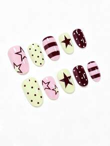 Elevate Your Style 24pcs Oval Nail Tips With Star, Black Polka Dot, Stripe, Yellow, Brown, Pink, Solid Color Base, Natural Brightening, Cool Fashion Y2K Millennium Style, Suitable For Women And Girls, Perfect For Summer Vacation, Travel, Graduation Season, Press-On Removable Reusable Nail Art Set Nails - Multicolor - View 3