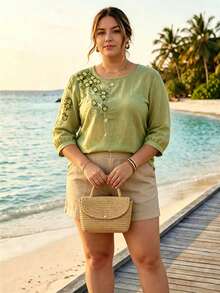 Plus Size Women's Embroidered Loose Bohemian Vintage Blouse, Casual Spring/Summer Top - Green - View 1