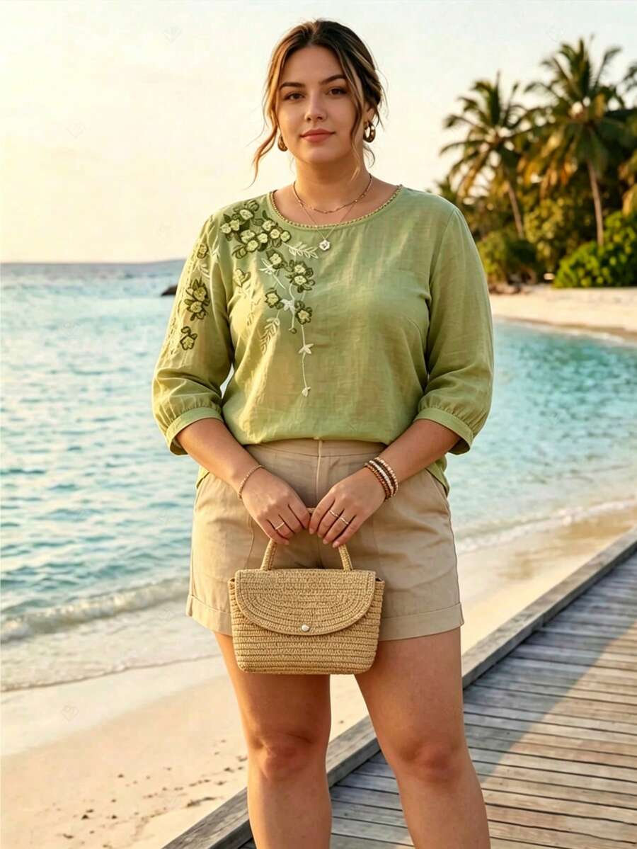 Plus Size Women's Embroidered Loose Bohemian Vintage Blouse, Casual Spring/Summer Top - Green - View 1