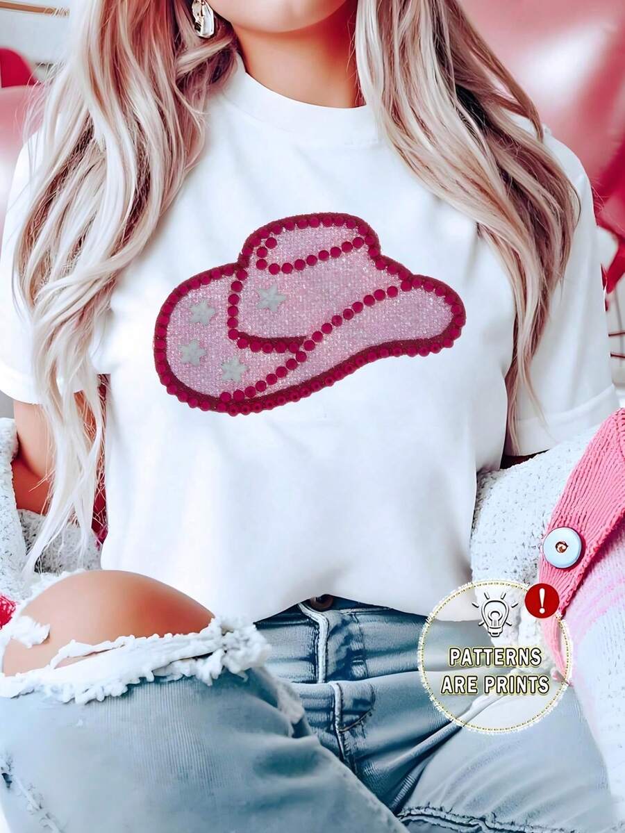 New Women's Shirt, Paired With A Sparkly Cowboy Hat, Western Style Starry Sky Design, Vacation Top, Fashionable Casual T-Shirt - Unisex T-Shirt - 白色 - 查看 1