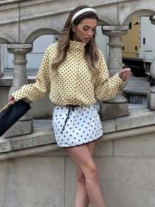 Women's Fashion Polka Dot Loose Stand Collar Casual Drawstring Zip-Up Jacket - Yellow - View 5