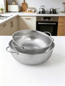 1 buah Saringan Dapur Stainless Steel, Tebal dan Anti Karat untuk Mencuci Sayuran & Buah. Desain Lubang Drainase Hemat Ruang, Cocok untuk Mencuci Beras dan Mengeringkan Buah; Hadiah Praktis yang Sangat Baik untuk Pecinta Masakan Rumahan. - Perak - View 3