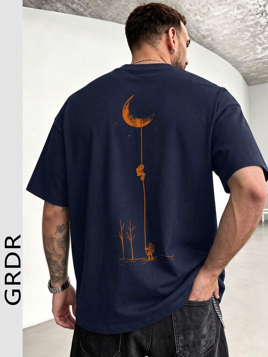 GRDR 男士时尚印花宽松短袖T恤 | 精致设计 | 夏季必备 | 易于搭配,展现您的风格 - 藏蓝色 - 查看 1