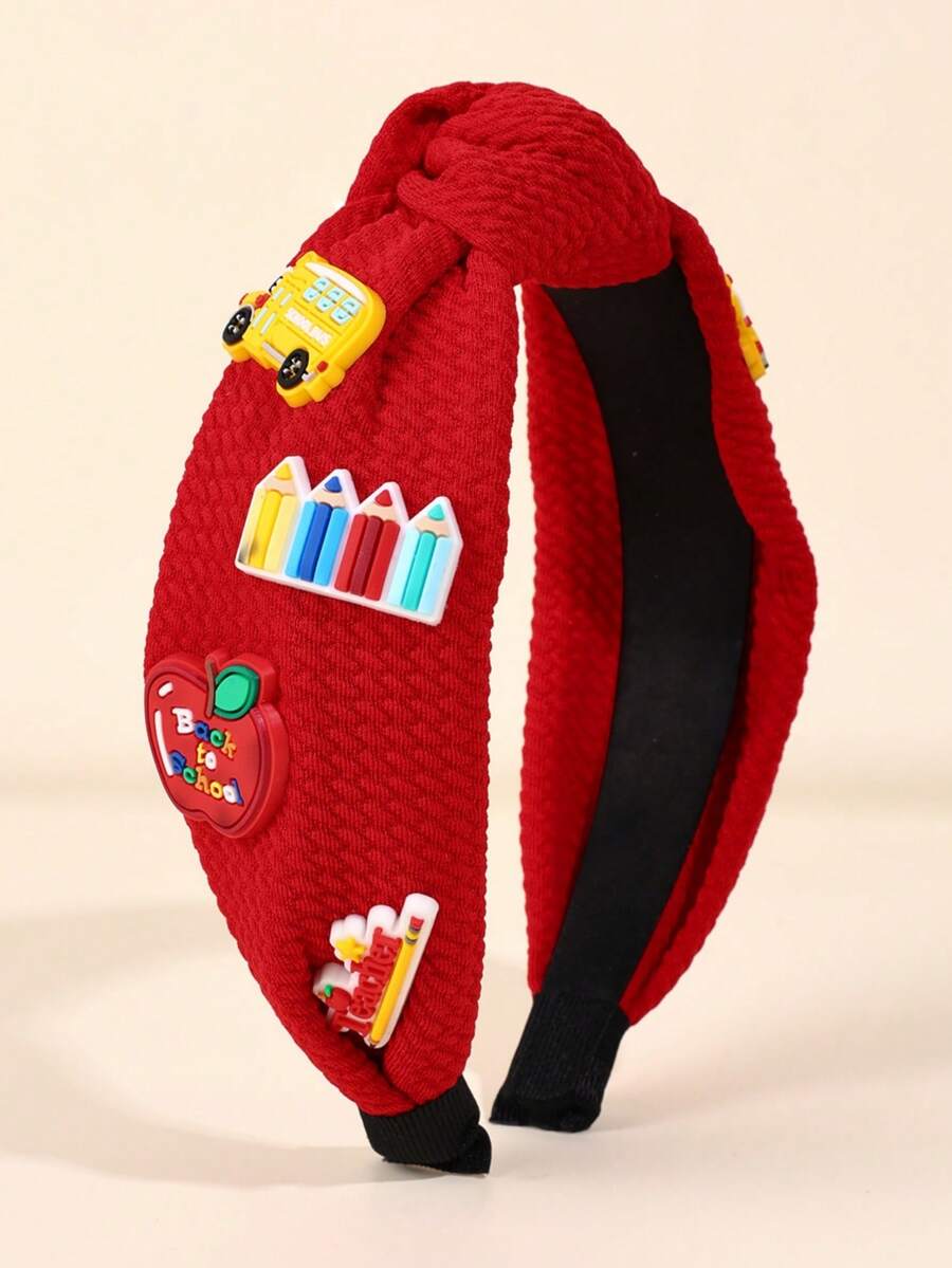 1pc Kids Back To School Red Textured Knotted Headband With Soft Rubber Decoration, Cute Hair Accessory For First Day Of School And Casual Daily Wear - Multicolor - View 1