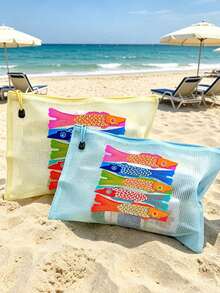 Waterproof Beach Makeup Bag, Colorful Fish Pattern, Ocean Theme Large Capacity Transparent Cosmetic Bag, Nylon Zipper, Lightweight Sun Protection Storage Bag, Portable Travel Organizer, Multi-Functional Storage Bag, Suitable For Swimming, Beach, Diving, Daily Use - Multicolor - View 11