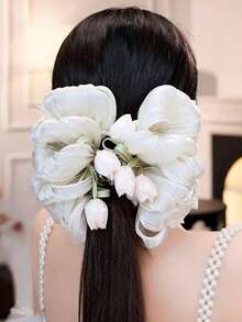 1件女款白色純色大號泡泡紗蝴蝶結鬱金香花髮夾，優雅時尚森系公主風髮夾，適合日常活動、派對、攝影 - 白色 - 查看 2