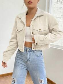 Women's Short Corduroy Jacket With Sherpa Lining, Casual Beige Retro Denim Jacket, Thermal-Lined Coat For Everyday Wear, Street Style And Autumn Outfits - 黑色 - 查看 1