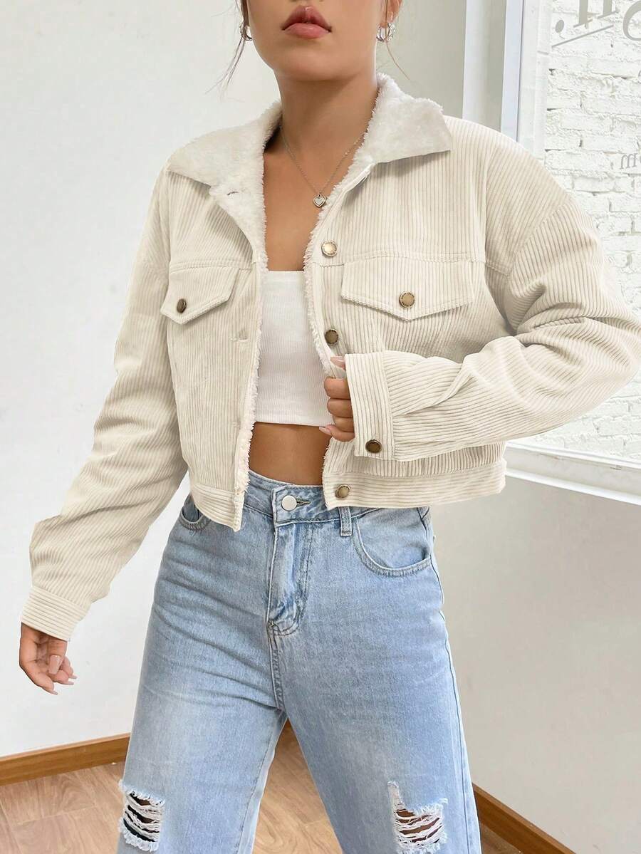 Women's Short Corduroy Jacket With Sherpa Lining, Casual Beige Retro Denim Jacket, Thermal-Lined Coat For Everyday Wear, Street Style And Autumn Outfits - 黑色 - 查看 1