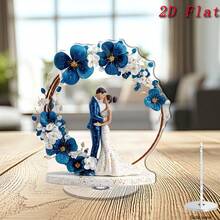 1pc 2D Flat Rotating Acrylic Wedding Couple Decor - 2D Flat Rotating Base With Blue & White Floral Arch, Sparkling Center Decoration, Suitable For Outdoor Tabletop Decor, Wedding/Anniversary Gift - A - View 4