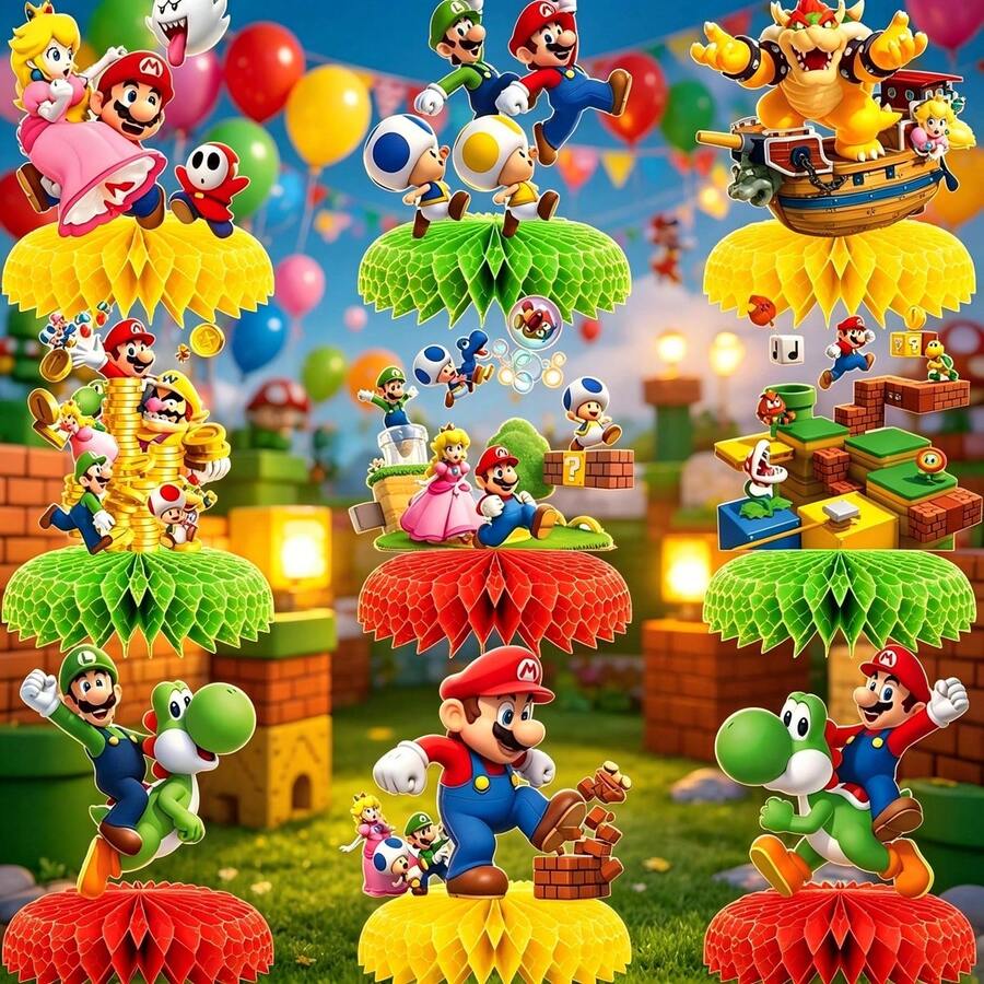 SUPER MARIO BROS. 1 Set Décoration de Centre de Table Mascotte d'Aventure en Nid d'Abeille, Cadre en Papier Pliable à Double Couche, Arrangement de Table pour Fête d'Anniversaire, Accessoires de Photographie de Scène de Fête de Célébration et Décoration d'Événement Thématique, Convient pour la Stylisation de Fête Surprise pour Filles - Multicolore - Voir 1