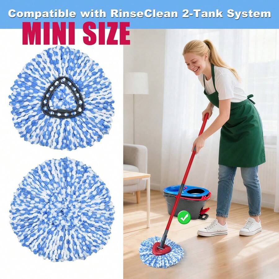 Yuunaie 1/2/4 piezas Cabezales de repuesto de mopa giratoria mini, adecuados para el sistema de limpieza profunda O-Cedar/RinseClean 2Tank, cabezales de mopa lavables y reutilizables para la limpieza de cocina y baño - Azul y blanco - Ver 1