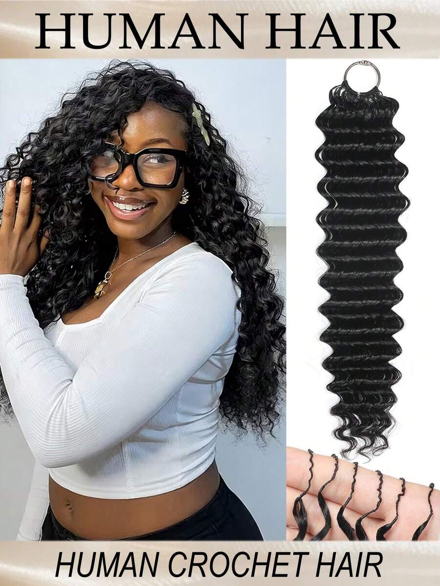 Boho Braids Water Wave Curly 60g 50 Strands Human Crochet Hair For Women 12-18 Inch 100% Remy Human Hair Pre-Separated Invisible Miracle Knots Feather Crochet Human Hair Boho Extensions Natural Black 1B#