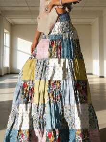 Women's Elastic Waist Retro Patchwork Print A-Line Skirt, Casual Elegant Design Suitable For Daily Outing And Vacation Summer - Multicolor - View 2