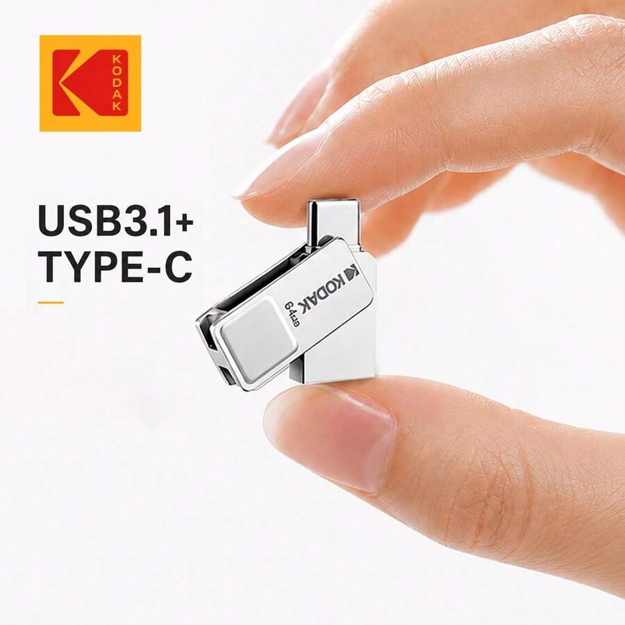 Kodak 2-in-1 Type-C USB3.2 OTG 64GB/128GB/256GB Dual-Use Metal USB Flash Drive, Kompatibel dengan iPhone 15/16/17, iPad Mini 6 2021, Macbook, Smartphone Android (Dengan Fungsi USB-C OTG)