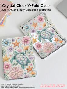 海龜與花卉圖案平板保護殼，相容 iPad Air 8 (M4) 2026 (11 吋) / 2026 (13 吋)、9.7/10.2/10.5/10.9/12.9/Pro 11/A16、第 10 代、Kindle Paperwhite 第 12 代 2024、Kindle (第 11 代 - 2024 發行)，柔軟防震，智慧休眠/喚醒功能，Y 型折疊平板保護殼，多角度視角 - 彩色 - 查看 4
