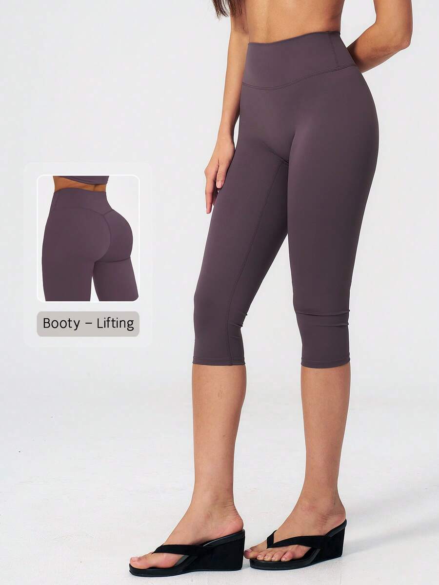 NcmRyu Women's 1pc Solid Color High Waist Tummy Control Butt Lifting Slim Fit Sports Mid-Length Shorts - Purple - View 1