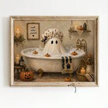 1pc Bathtub Ghost Painting: Vintage Halloween Bathroom Wall Decor, Cute Ghost Soaking In Bubble Bath Surrounded By Small Pumpkins, Canvas Wall Art, Suitable For Home, Dorm, Living Room Decoration, Birthday And Graduation Gift Halloween Decor Halloween Gift All Saints' Day Decor All Saints' Day Gift - A - View 11