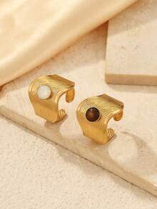 2pcs Stainless Steel 304 Material Women's 18K Gold Plated Open Adjustable Wide Band Ring, Wavy Texture Ring Face Inlaid With Natural Shell Tiger Eye Stone Vintage Personalized Open Ring, Suitable For Daily, Party, Date Wear - Yellow Gold - View 2