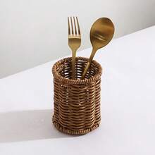 1pc Handmade Rattan Woven Kitchen Utensil Storage Bucket, Nordic Style Tableware Organizer, Home Multifunctional Cookware Storage Basket, Vintage Faux Rattan Pen Holder, Office Student Desktop Makeup Brush Storage Bucket, Home Miscellaneous Items Chopsticks Holder - View 8