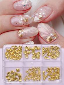 Gold Ocean Style Nail Art Accessories, 6-Grid Shell, Starfish, Conch, Seahorse Metal Decor, Marine Life Nail Art Charms, Fragrance-Free Nail Art Supplies, Nail Art Decorations, Nail Art Gems - Multicolor - View 2