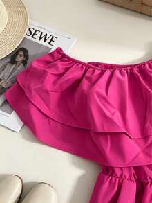 Plus Size Summer New Solid Color Pleated Ruffle Layered Cake Shorts, Off Shoulder Elegant Sexy Romper - Hot Pink - View 6