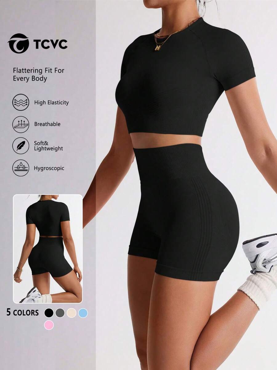 TCVC 2 Pieces Women Seamless Sportswear Set, Black Round Neck Short Sleeve + High Waist Shorts, Opaque, Highly Elastic, Form-Fitting Design For Running, Yoga, Fitness, Outdoor Activities, Casual Daily Wear Summer - Black - View 1