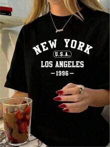 Women's Black Cotton T-Shirt With "New York Los Angeles 1996" Text Print, Round Neck, Breathable, Casual Style, Spring/Summer, Everyday Piece For Travelers, Short Sleeves - 黑色 - 查看 1