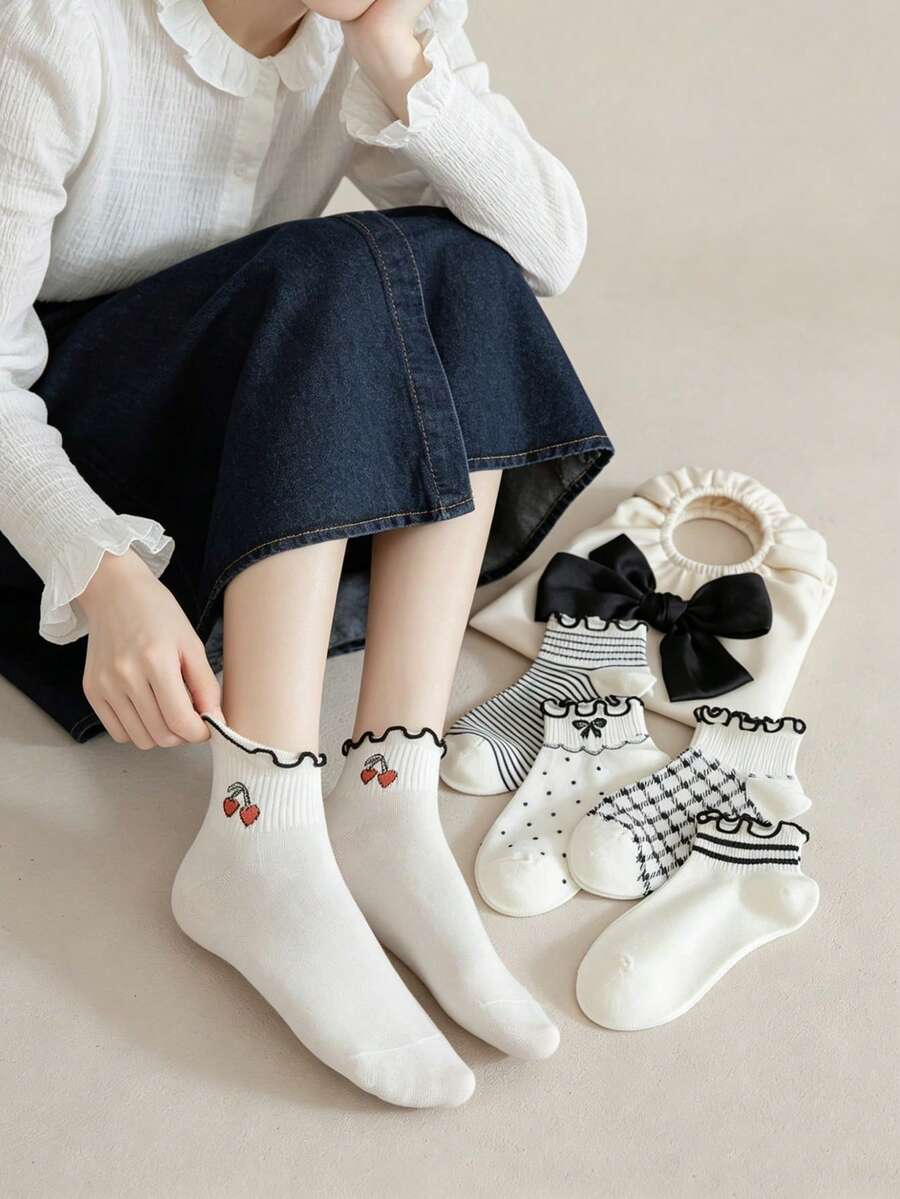 5雙女款可愛荷葉邊短襪,柔軟棉質透氣,波浪袖口,適合休閒居家與日常穿著 - 彩色 - 查看 1