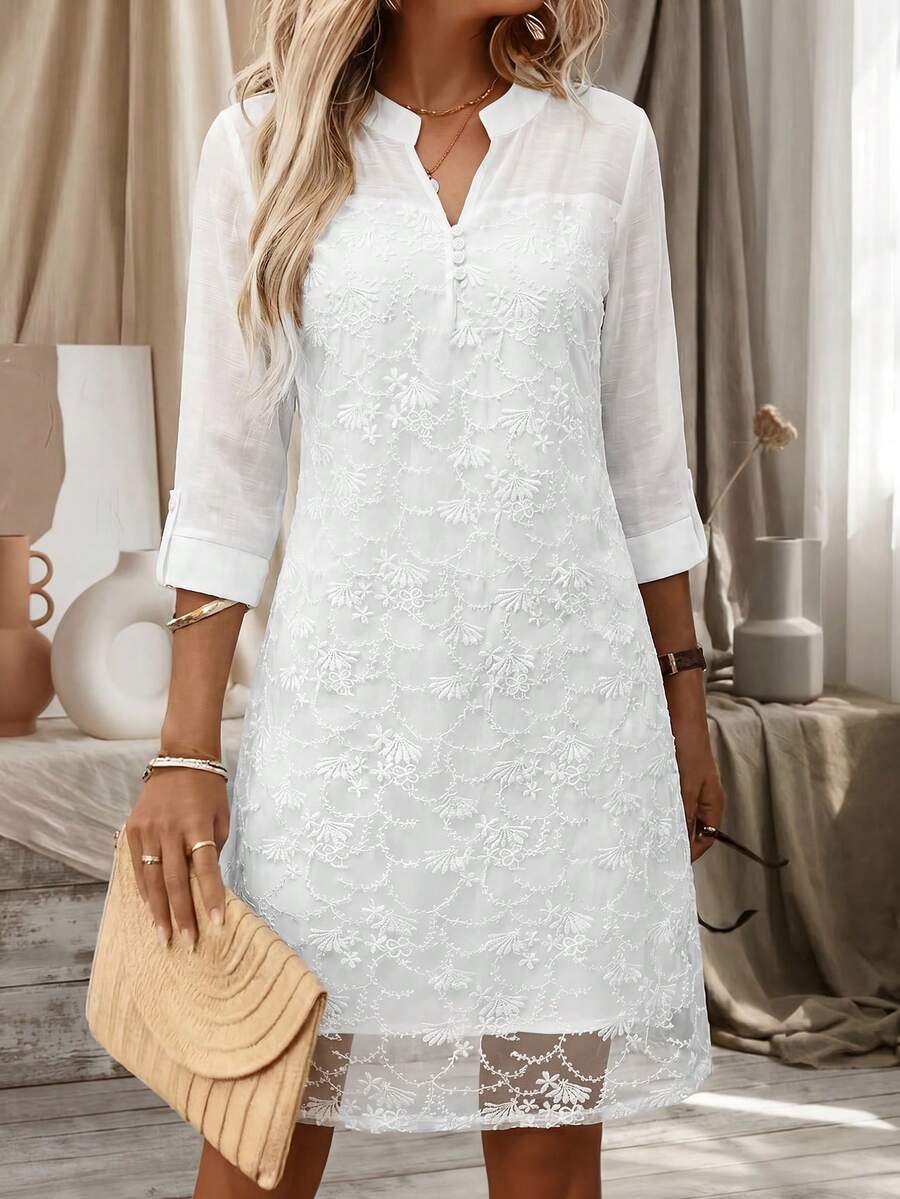 Vestido de fiesta bohemio elegante de unicolor con apliques bordados y patchwork de malla - Blanco - Ver 1