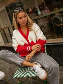 Women's Autumn-Winter Fashionable Red And White Striped Wave Knit Cardigan. Simple, Loose, Soft, Comfortable, Versatile, As A Coat, Can Be Worn Alone. - Red - View 6