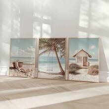 3Pcs Neutral Boho Beach Canvas Wall Art, Palm Swing, Beach Basket & Coastal Hut Prints, Calm Coastal Farmhouse Decor For Living Room Bedroom, Soft Tropical Home Decoration, Frameless - 834 - View 9