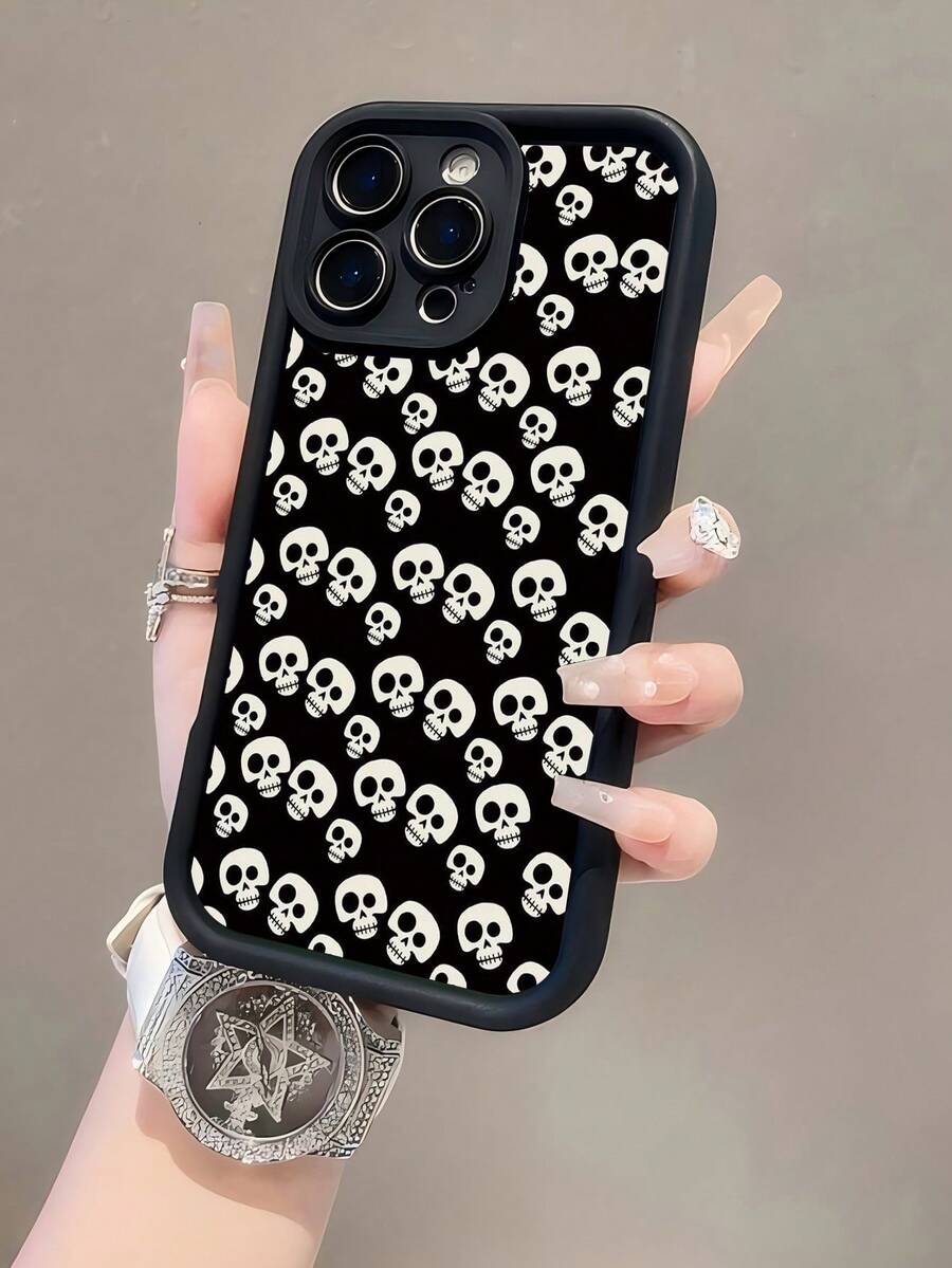 LITEWE 1pc Hot-Selling Skull Pattern, Black Matte Soft Shell Full Coverage Protective Case With Camera Protection, Dustproof And Waterproof, Compatible With IPhone 17/17Pro/17ProMax/16/15/14/13/12/11/Pro/ProMax/X/XR/XS/XSMAX/7/8/PLUS And Galaxy S20/S21/S22/S23/S24/S25/26PLUS/ULTRA Series - Black - View 1