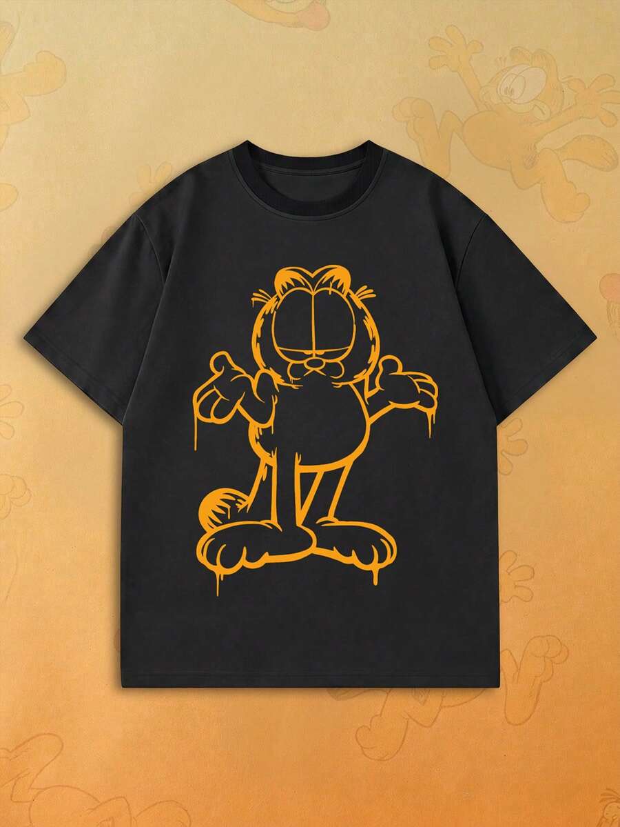 SHEIN | Garfield 女款黑色雙面T恤,滴線卡通貓輪廓與塗鴉字母印花,寬鬆短袖,適合街頭、旅行、女孩日常休閒穿著 - 黑色 - 查看 1