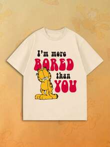 SHEIN | Garfield 女款米色圓領T恤，暴躁卡通與標語印花，寬鬆短袖，適合日常街頭休閒穿著 - 杏色 - 查看 1