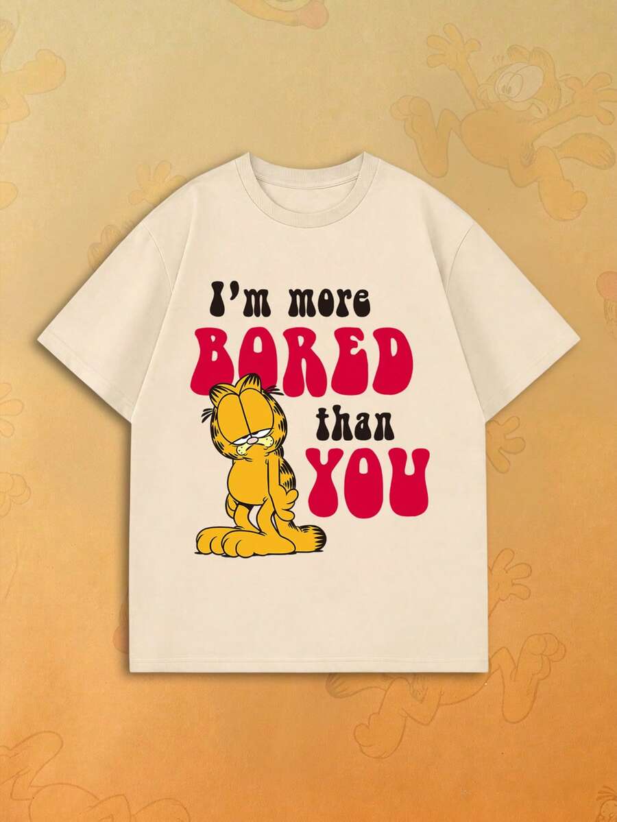 SHEIN | Garfield 女款米色圓領T恤,暴躁卡通與標語印花,寬鬆短袖,適合日常街頭休閒穿著 - 杏色 - 查看 1