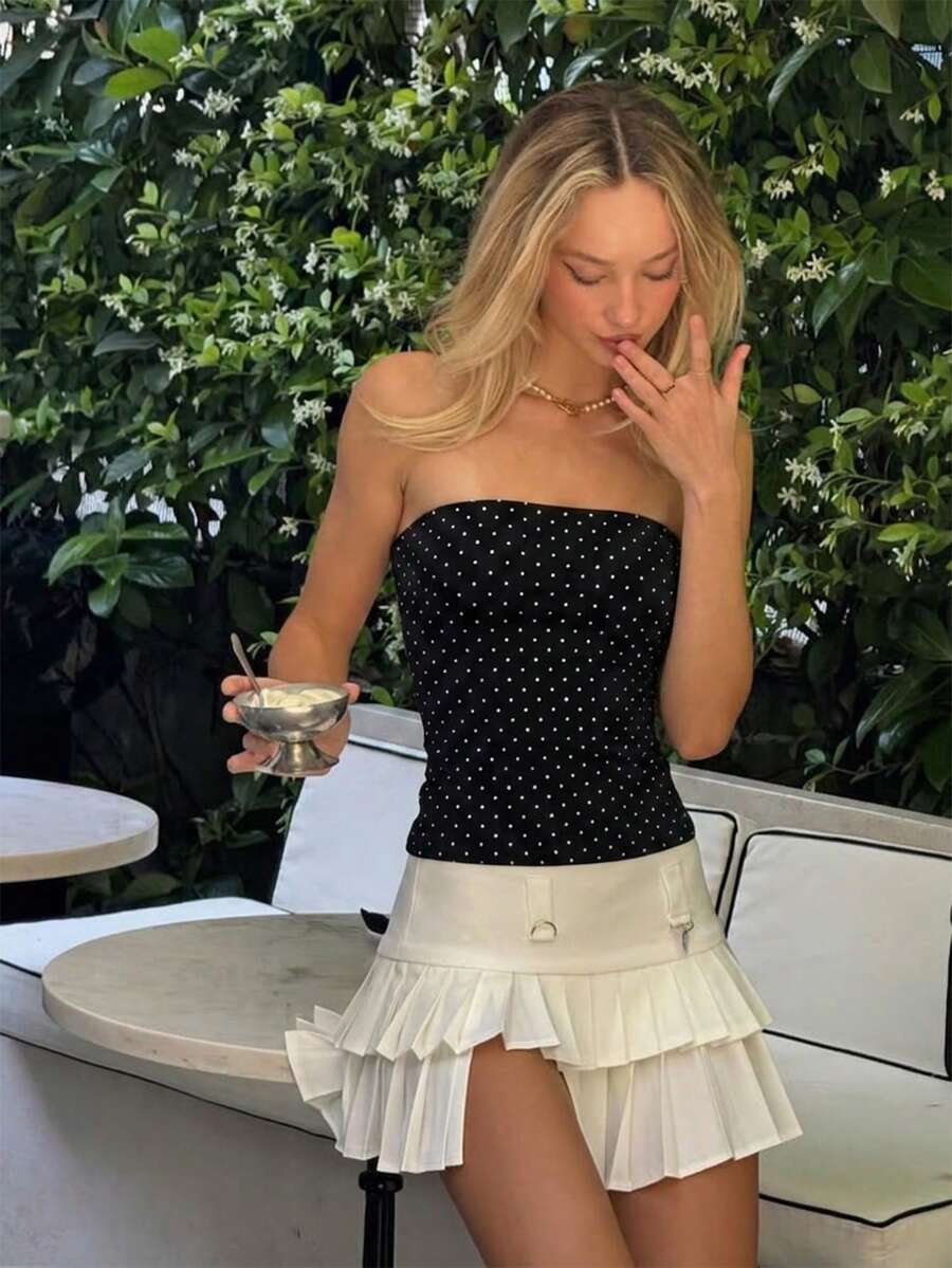 Fashion Women's Strapless Crop Top, Black Polka Dot, Sleeveless Design, High Elastic Fabric, Versatile Casual Strapless Top