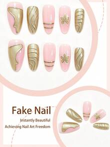 10pcs S Size Almond Shaped Press-On Fake Nails, Y2K Floral Line 3D Gold Foil French Luxury Full Coverage Nail Stickers, Suitable For Women And Girls, Summer Party Office Daily Wear, Includes 1 Adhesive Sheet And 1 Mini Nail File, Randomly Shipped Jelly Glue - Multicolor - View 2