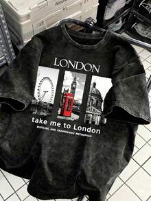 「Take Me To London」圖案T恤，復古城市地標印花，水洗做舊休閒短袖上衣，復古旅行風，夏季黑色 - 黑色 - 查看 3