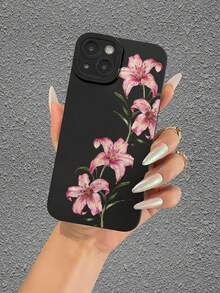 1 pieza Funda protectora de teléfono con patrón de flor de lirio rosa, resistente al agua, duradera, a prueba de polvo, de moda, minimalista, protección de cámara, textura mate negra de cobertura completa, compatible con iPhone 17/16/15/14/13/12/11/7/8/XR/XS/Plus/Pro/Promax y serie Galaxy S/A, adecuada como regalo para amigos, familia, novia, novio, regalo perfecto para vacaciones - Negro - Ver 6