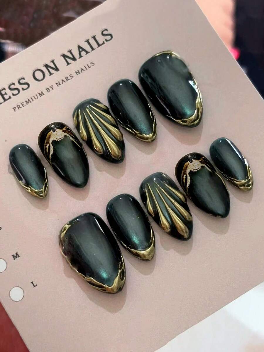 10pcs Short Almond Shaped Press-On Nails, Deep Green Cat Eye Style With 3D Metal Gold Shell And Marble Trim, Luxury Glossy False Nails - 彩色 - 查看 1