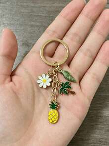 [1pc] Tropical Summer Style Keychain, Pineapple Palm Tree Daisy Shell Multi-Pendant Bag Charm, Enamel Gold Beach Vacation Key Ring, Summer Beach Bag Decoration Pendant, Vacation Style, Bag Charm, Summer Travel Gift Accessory - Yellow + Green + White - View 6