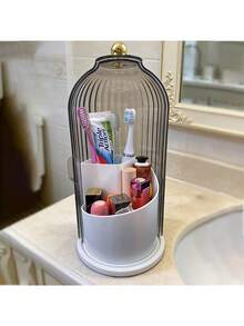 1pc Vanity Essential, Toothbrush Holder, Makeup Countertop Organizer, Shower And Sink Storage, Non-Slip Base Toothpaste And Makeup Brush Storage Tray, Travel Storage 360° Rotating Dust-Proof Bathroom Countertop Organizer, Premium ABS Plastic Material Home Bathroom Storage Tray, Fashionable And Practical Daily Bathroom Countertop - Grey - View 2