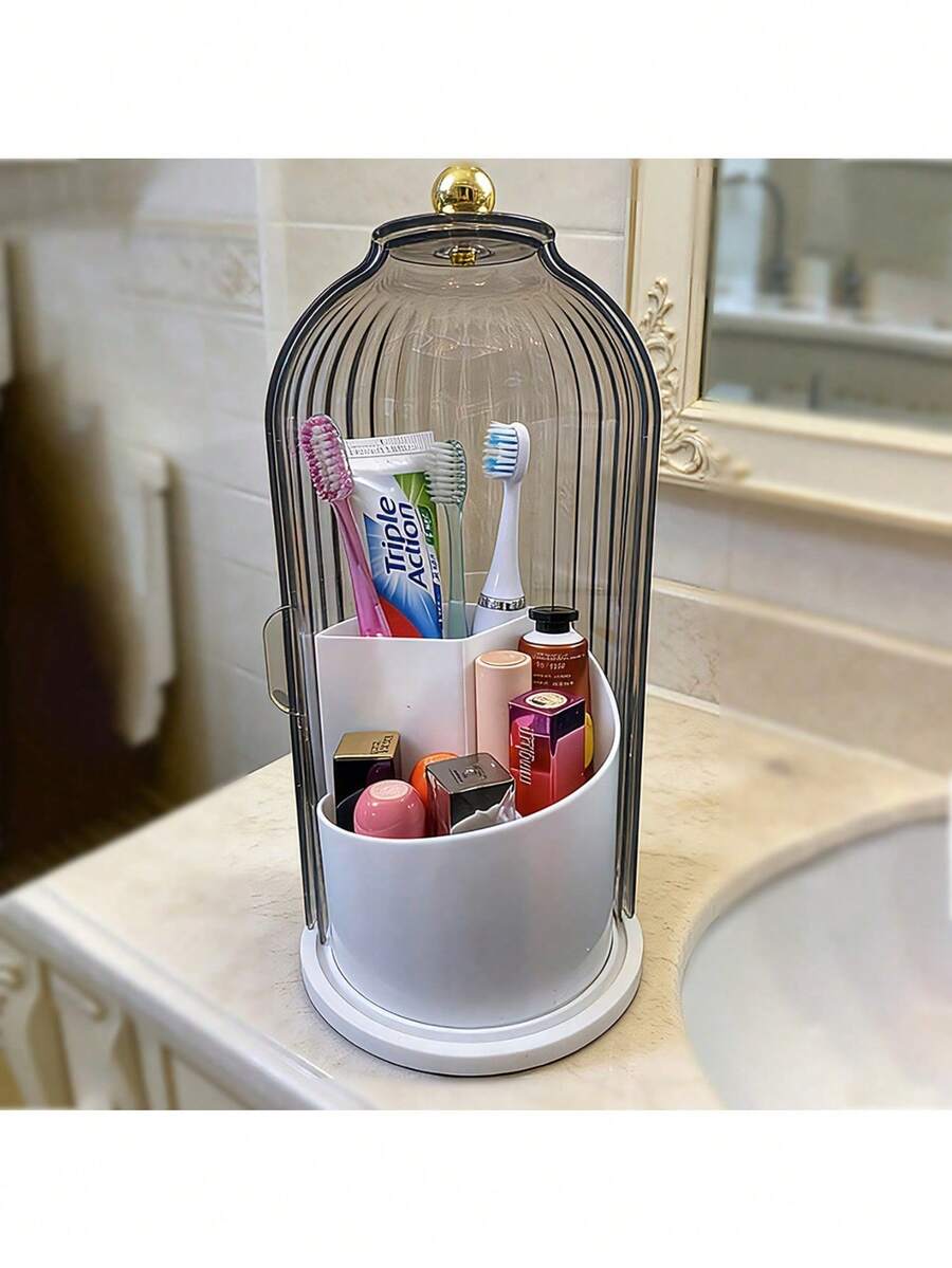 1pc Vanity Essential, Toothbrush Holder, Makeup Countertop Organizer, Shower And Sink Storage, Non-Slip Base Toothpaste And Makeup Brush Storage Tray, Travel Storage 360° Rotating Dust-Proof Bathroom Countertop Organizer, Premium ABS Plastic Material Home Bathroom Storage Tray, Fashionable And Practical Daily Bathroom Countertop