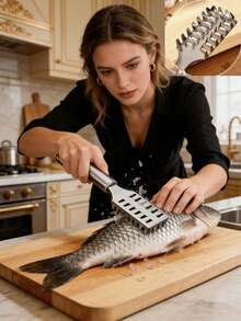 1 pieza Desescamador de pescado de acero inoxidable, hoja afilada que elimina rápidamente las escamas de pescado, diseño de cepillo que limpia los residuos, mango antideslizante, compacto y portátil, herramienta de cocina práctica para una preparación de pescado eficiente, color aleatorio - Ver 3
